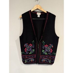 100% Wool Embroidered Floral Black Zipper Vest Size‎ Small